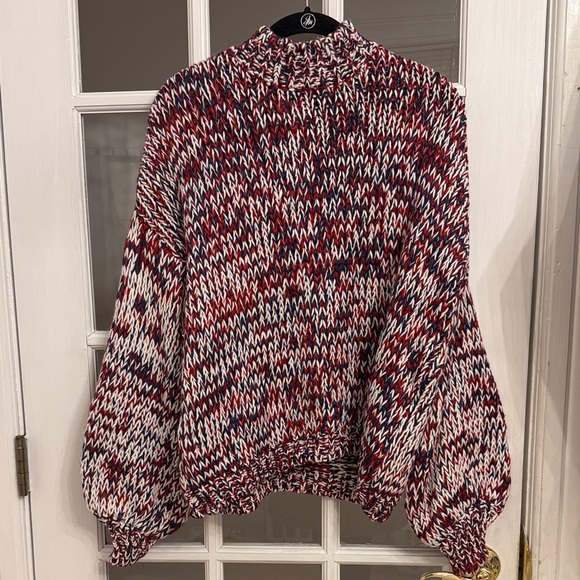 ANTHROPOLOGIE RUE STIIC Women's Red White & Blue Chunky Knit Mock Neck Sweater